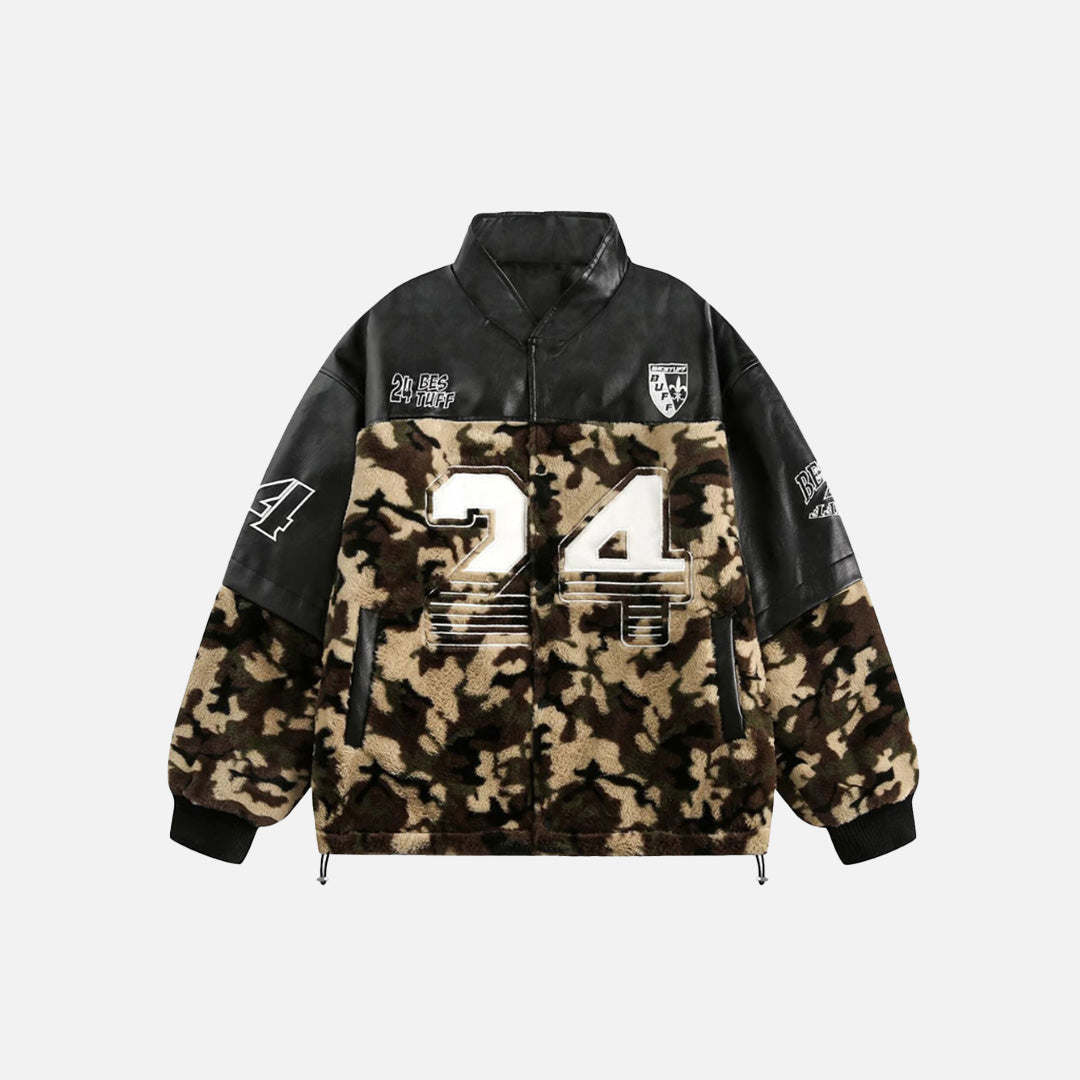 Front view of the Black Sport Varsity Camouflage Jacket in a gray background