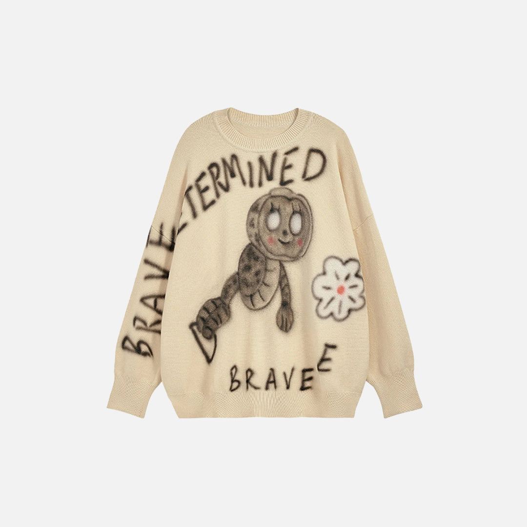 Front view of the beige Y2K Brave Soul Sweater in a gray background