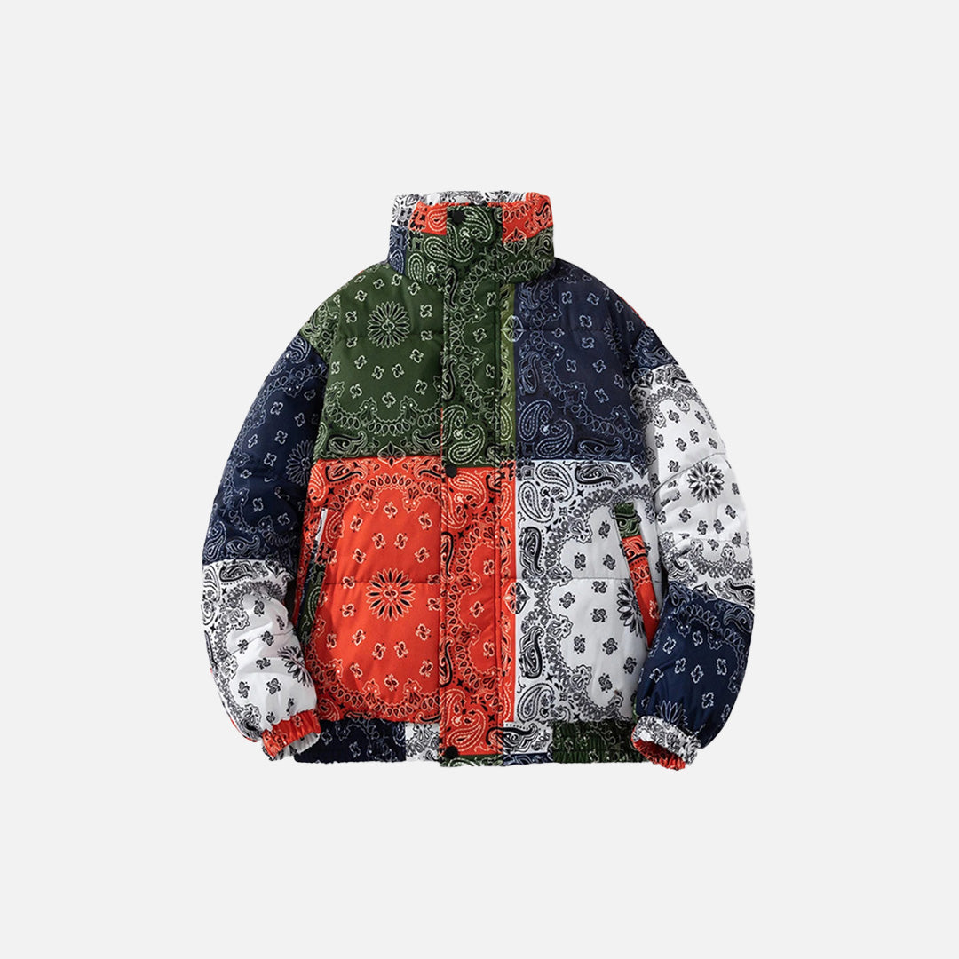 Front view of the blue Patchwork Paisley Puffer Jacket in a gray background