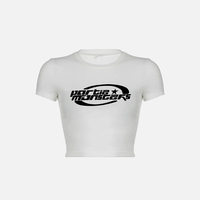 Front view of the white Y2k Women's Crop Top T-Shirt in a gray background