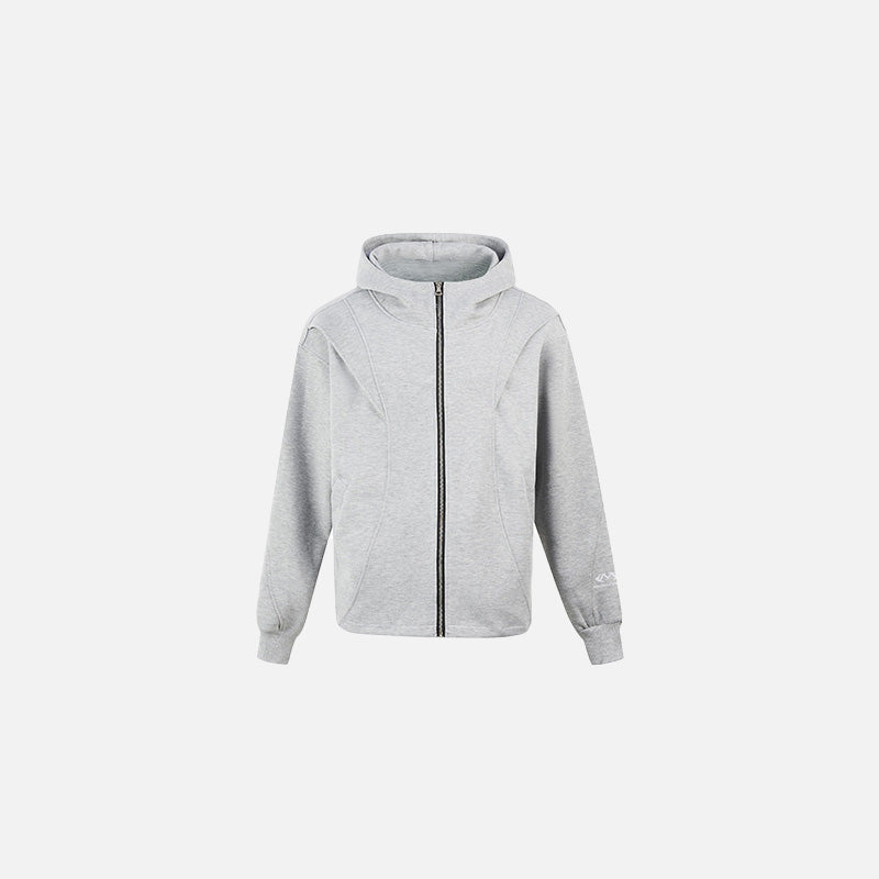 Front view of the gray Minimalist Zip-Up Hoodie in a gray background