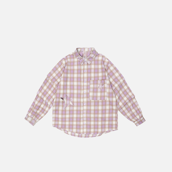 Long-sleeve Star Patch Lapel Plaid Shirt