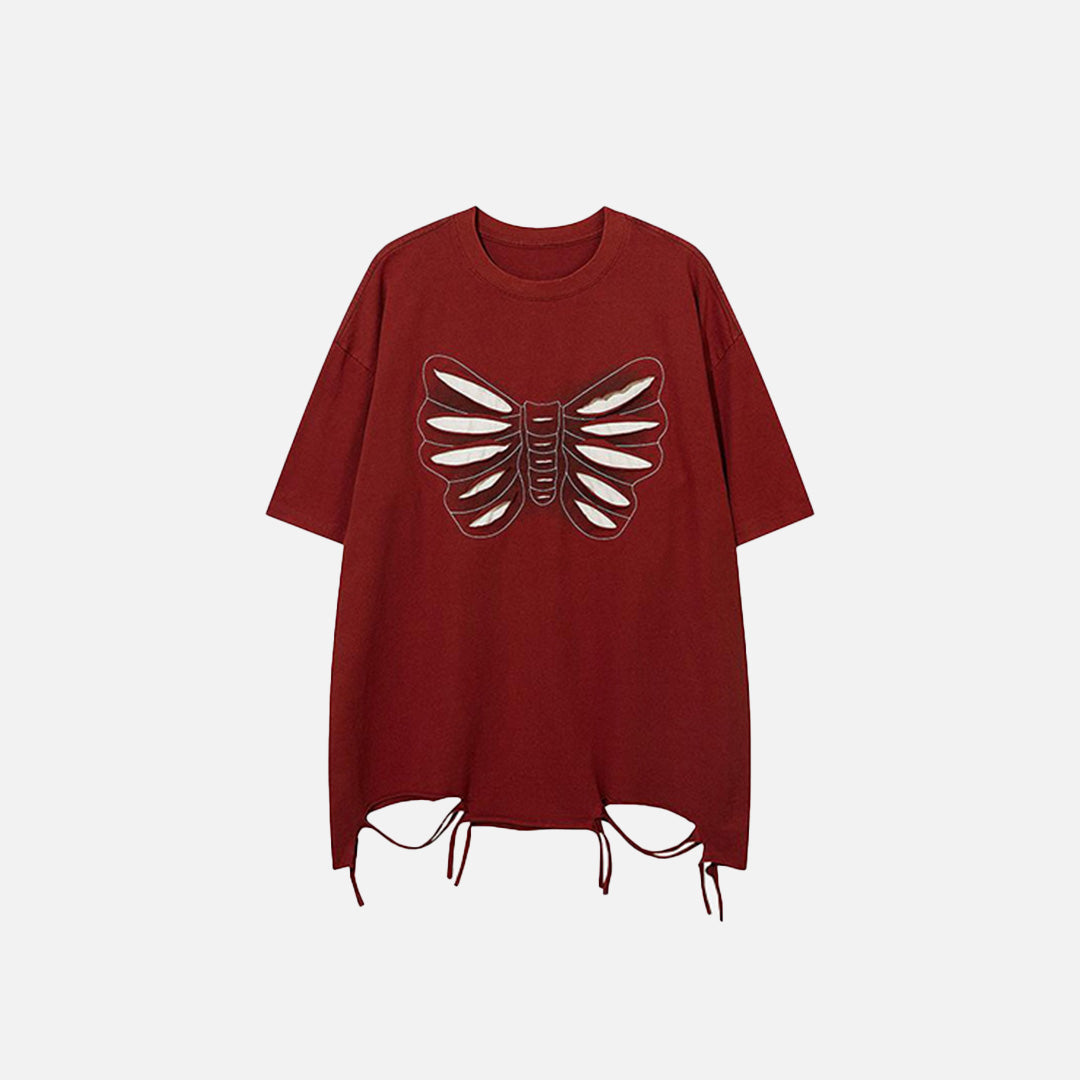 Front view of the red Y2k Loose Butterfly Ripped T-shirt in a gray background 