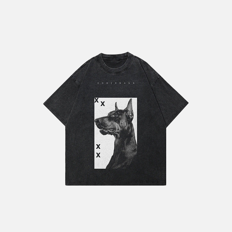 Front view of the black Doberman Dog Graphic T-shirt in a gray background