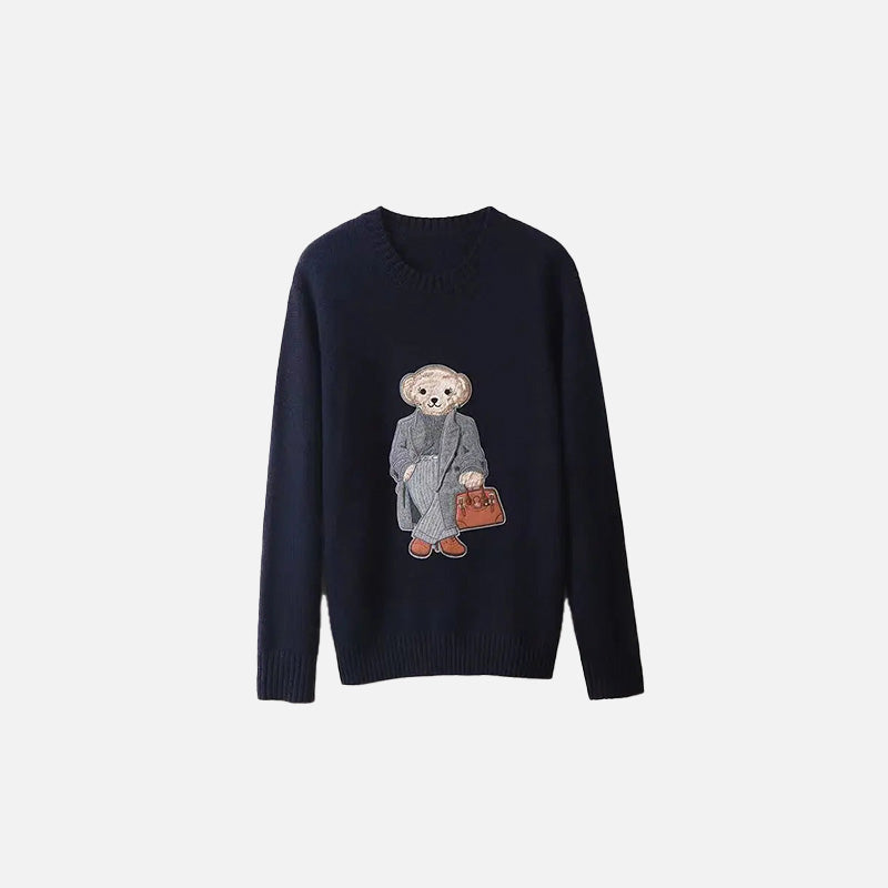 Front view of the navy blue Elegant Bear Sweater in a gray background