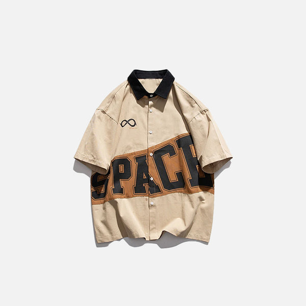 Front View of the khaki Space Patchwork Shirt in a gray background 