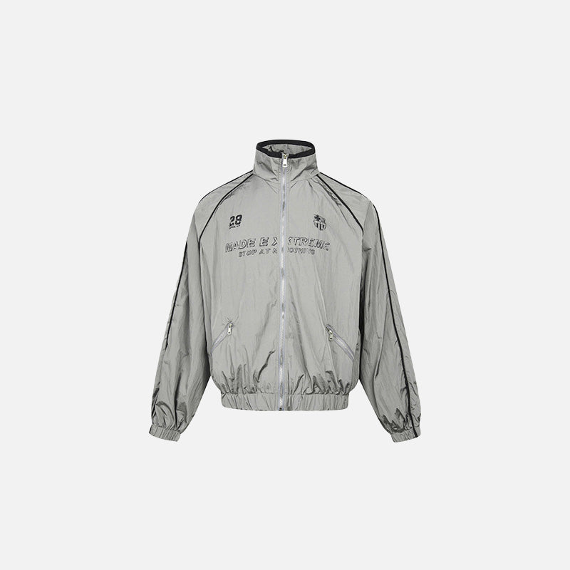 Front view of the gray Edge Runner Windbreaker Jacket in a gray background