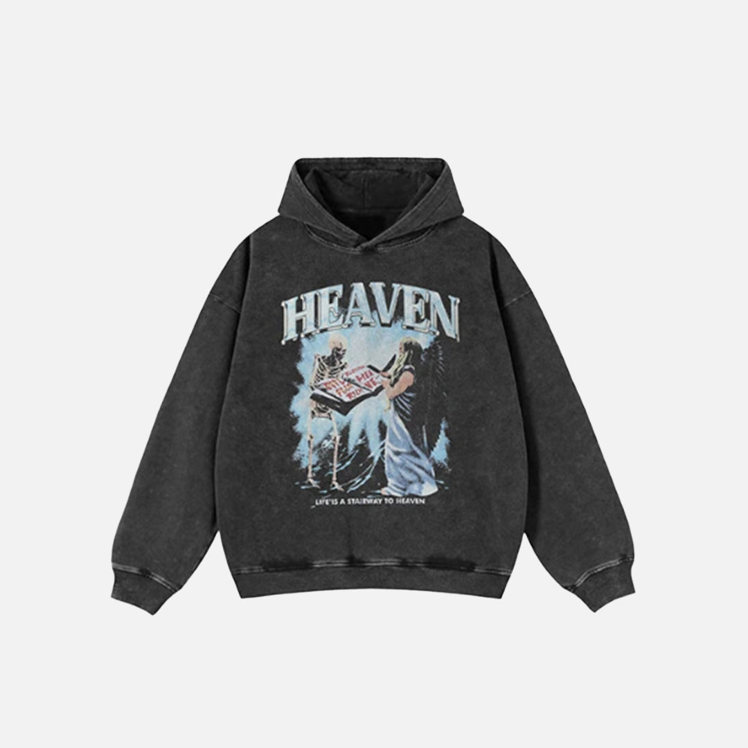 Front view of the black Heaven's Stairway Graphic Hoodie in a gray background