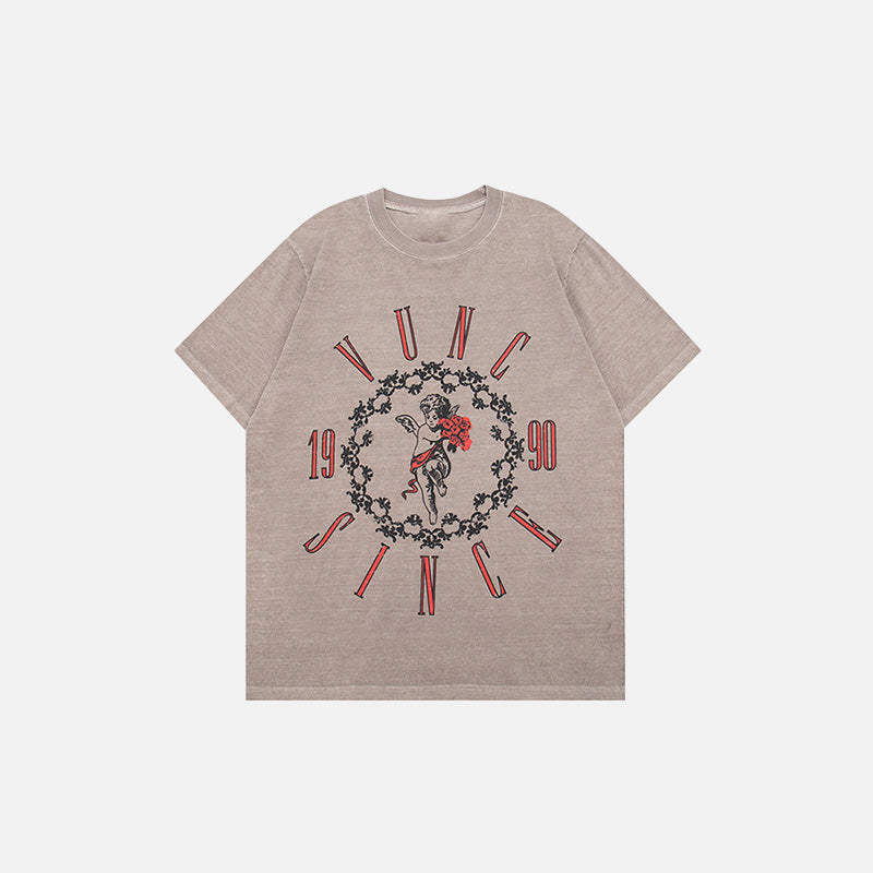 Front view of the dusty gray Y2k Peace Flower Printed T-shirt in a gray background 