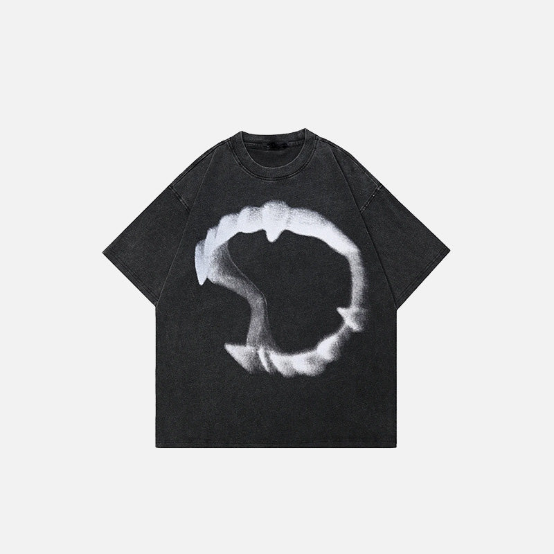 Front view of the black Retro Graphic Teeth Washed T-Shirt in a gray background 