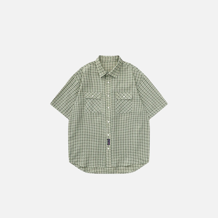 Front view of the green Plaid Reversible short Sleeve Shirt in a gray background