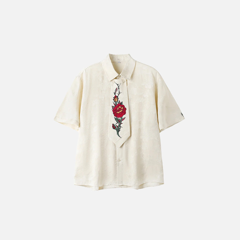 Front view of the beige Women's Floral Embroidered Shirt in a gray background