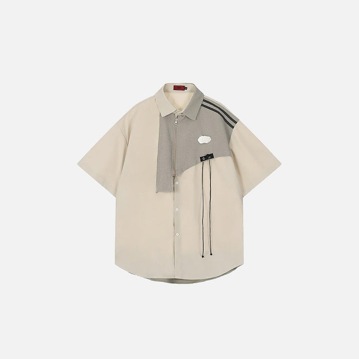 Front view of the khaki Y2k Loose Patchwork Shirt in a gray background