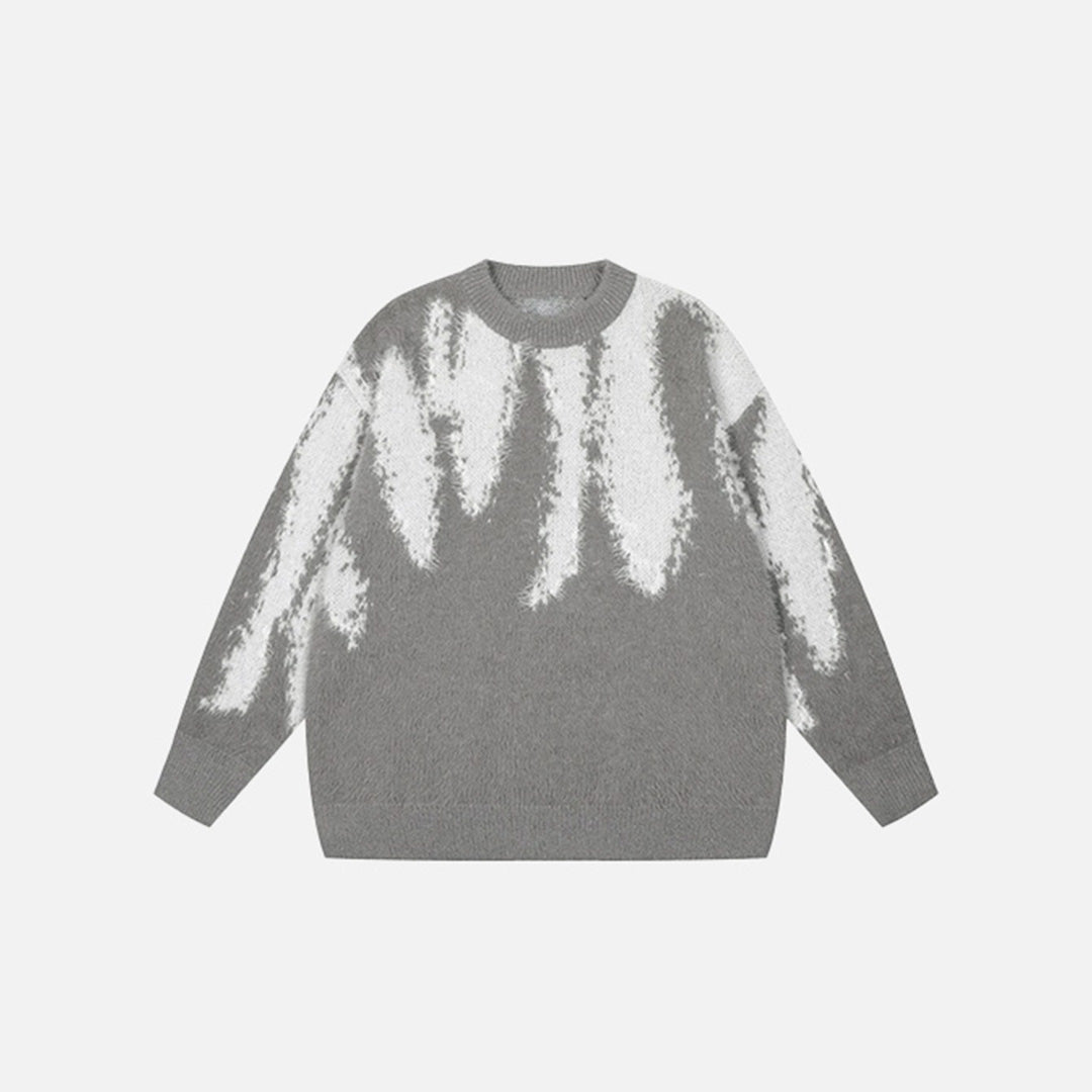 Front view of the grey Tie Dye Knitted Sweater in a gray background