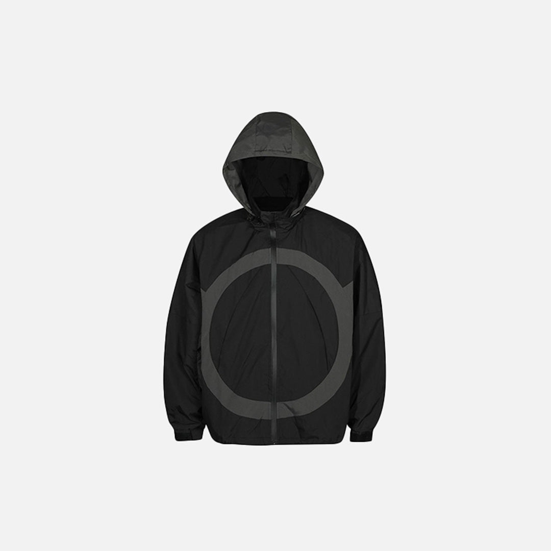 Front view of the black hooded Circle Tech Windbreaker Jacket in a gray background