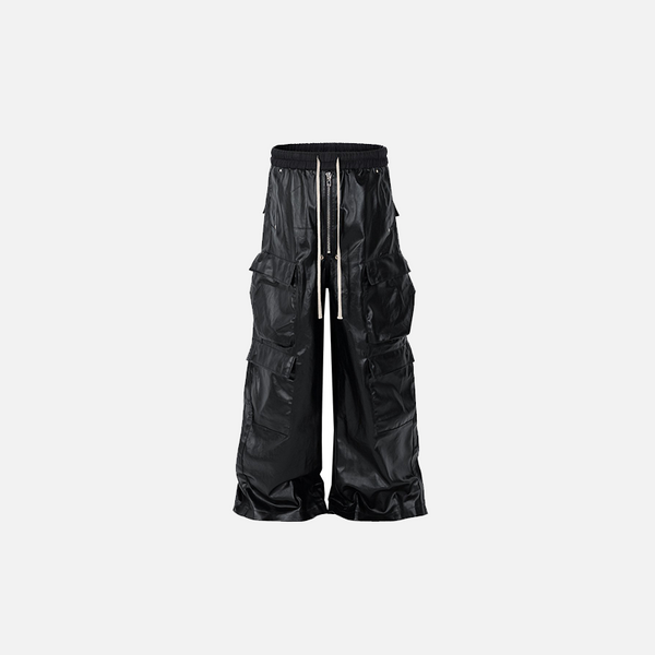 Front view of the black Multi-Pocket Cargo Pants in a gray background