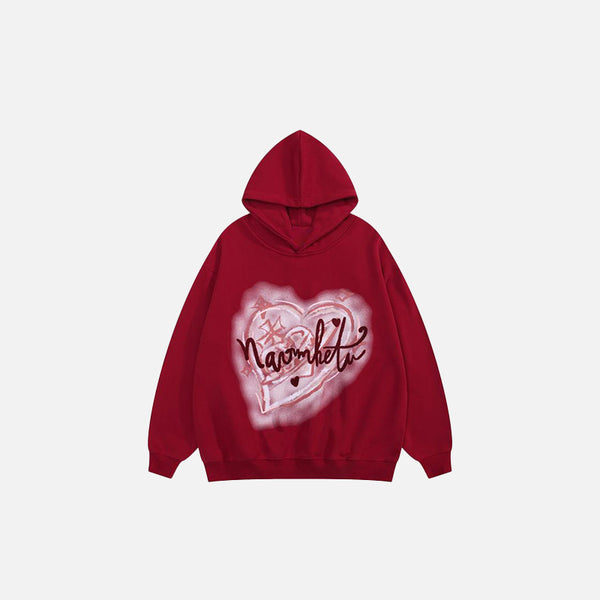 Front view of the red Heart Printed Oversized Hoodie in a gray background 