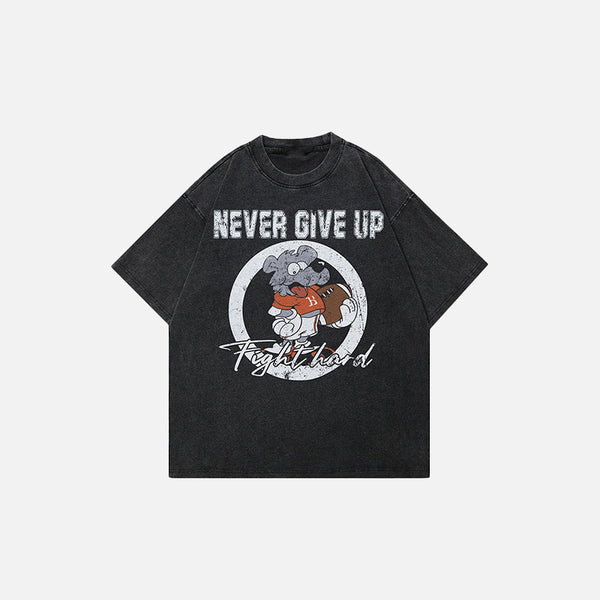 Front view of the black Never Give Up Graphic T-shirt in a gray background