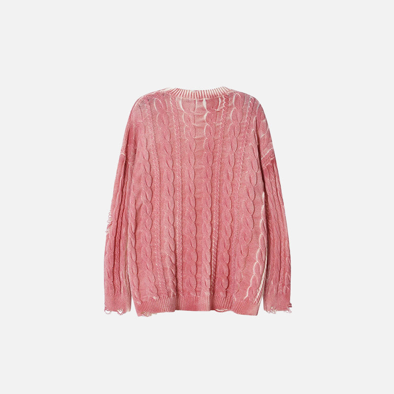 Back view of the pink Distressed Cable Knit Sweater in a gray background