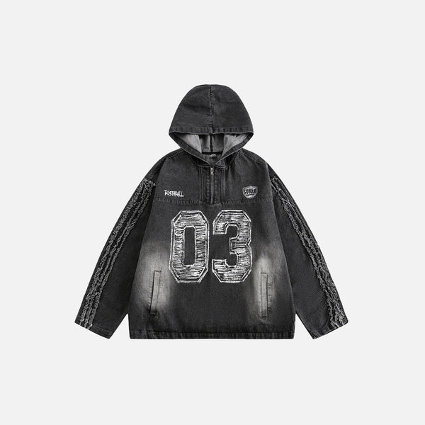 Front view of the black Embroidered Number Hooded Jacket in a gray background