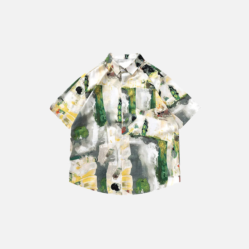 Front view of the white Abstract Brushstroke Art Print Shirt in a gray background