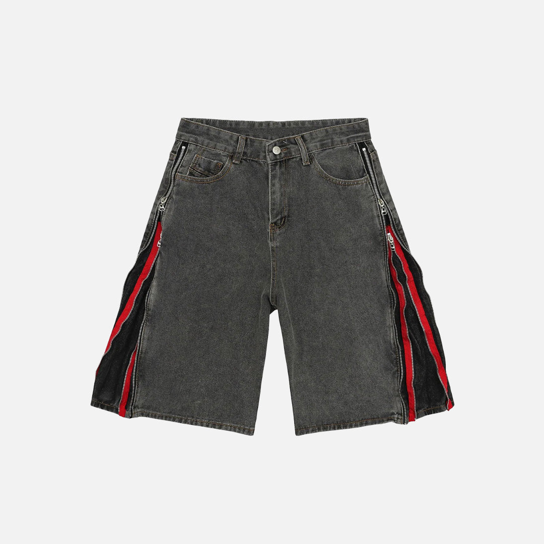 Front view of the black Street Zipper Cargo Shorts in a gray background