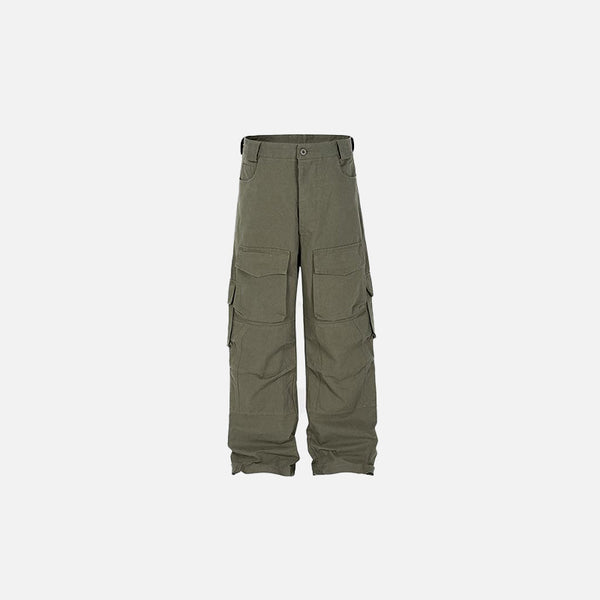 Front view of the army green Vintage Multi-pocket Cargo Pants in a gray background