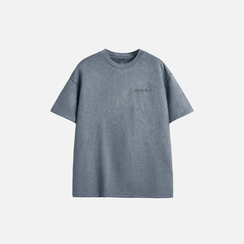 Front view of the dark blue Loose Embroidery Oversized T-shirt in a gray background 