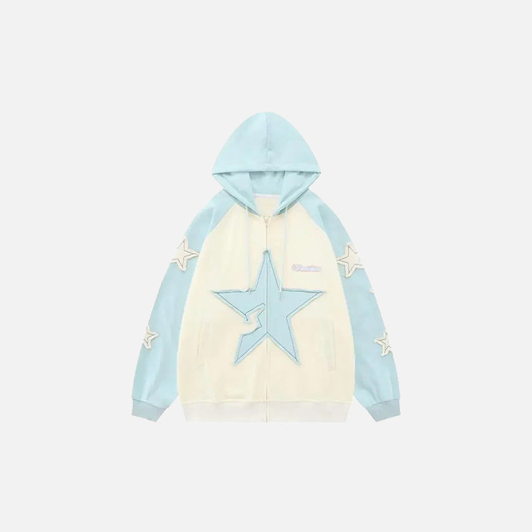 Front view of the blue Cosmic Dreamer Hoodie in a gray background