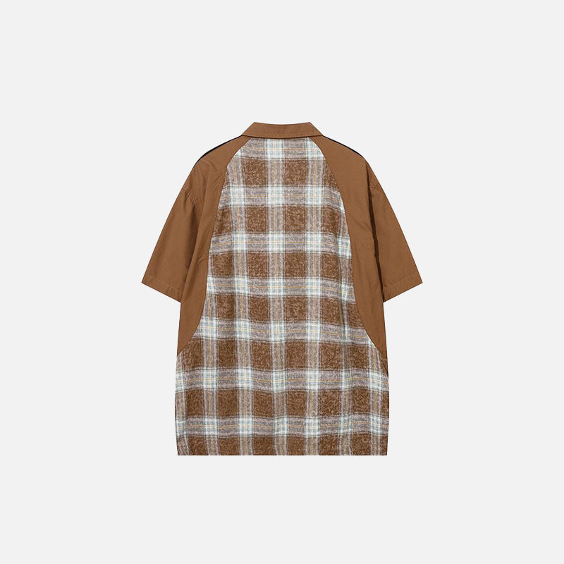 Back view of the brown Patchwork Plaid Splicing Color Shirt in a gray background