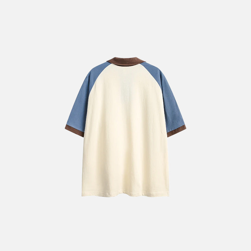 Back view of the beige Loose Patchwork Polo T-shirt in a gray background