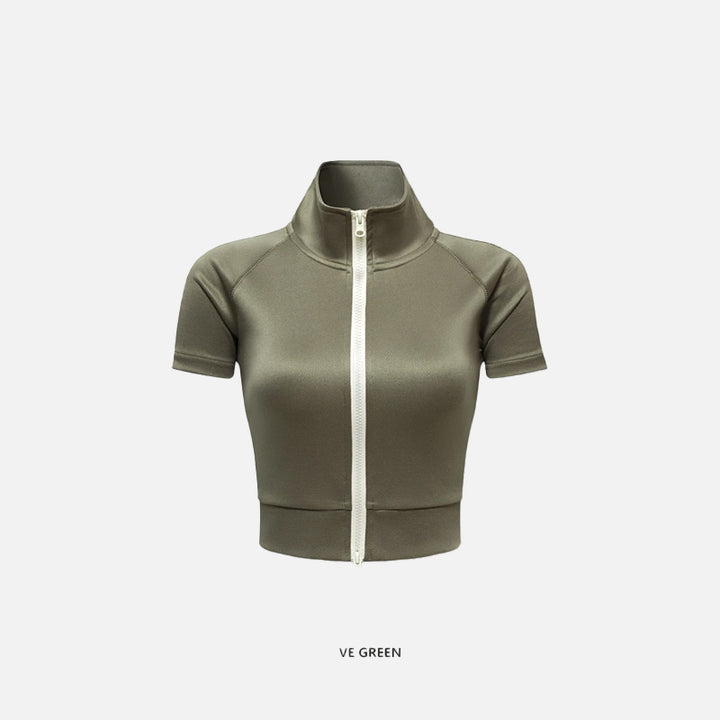 Front view of the olive green Y2k Women's Zip-up Crop Top in a gray background