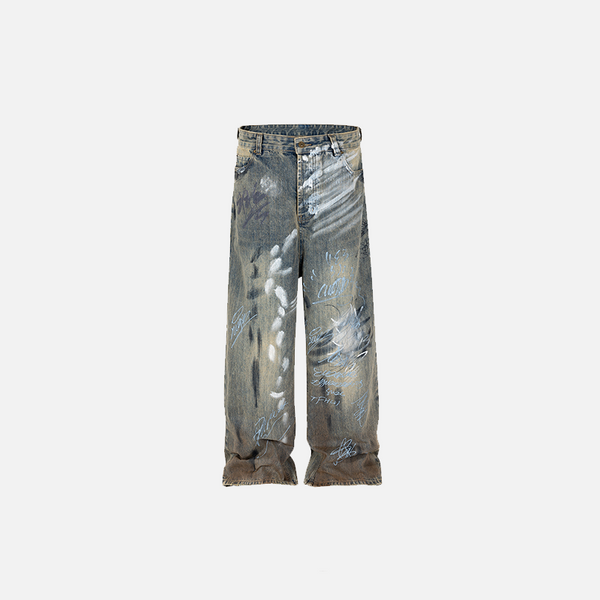 Front view of the blue Loose Baggy Graffiti Jeans in a gray background