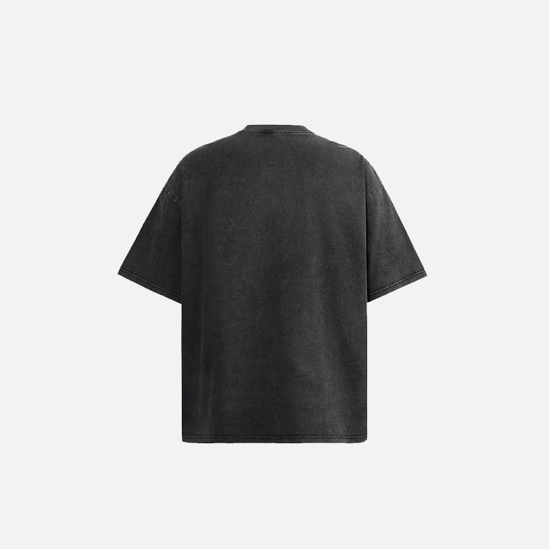 Back view of the black Casual Loose Chinese Printed T-shirt in a gray background