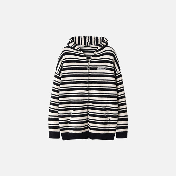 Loose Striped Zip-up Hooded Sweater