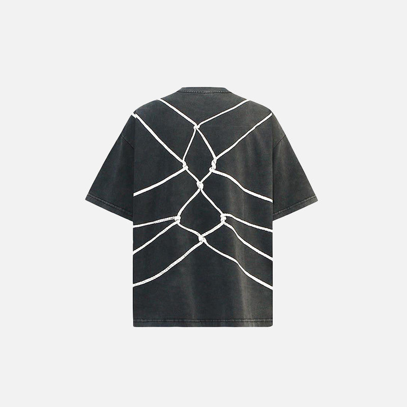 Back view of the black Web of Bravery T-shirt in a gray background