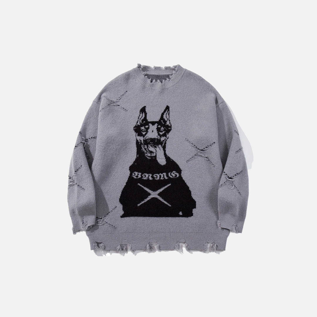 Front view of the gray Dog's Defiance Sweater in a gray background