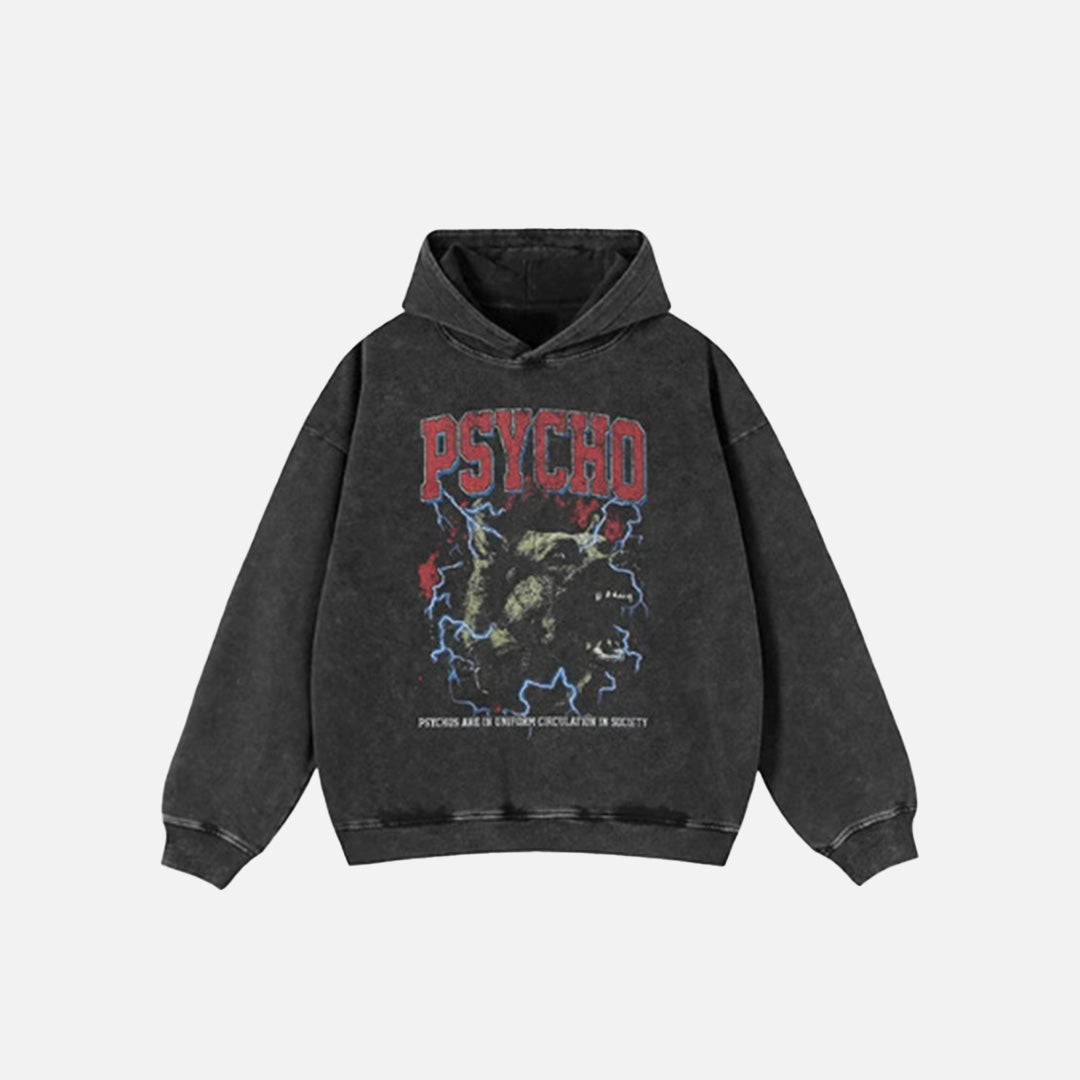 Front view of the black Y2K Psycho Beast Hoodie in a gray background