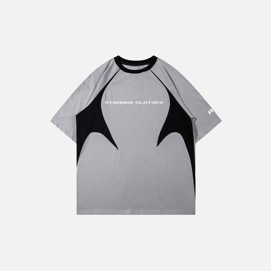 Front view of the gray Abstract Flow Raglan T-shirt in a gray background