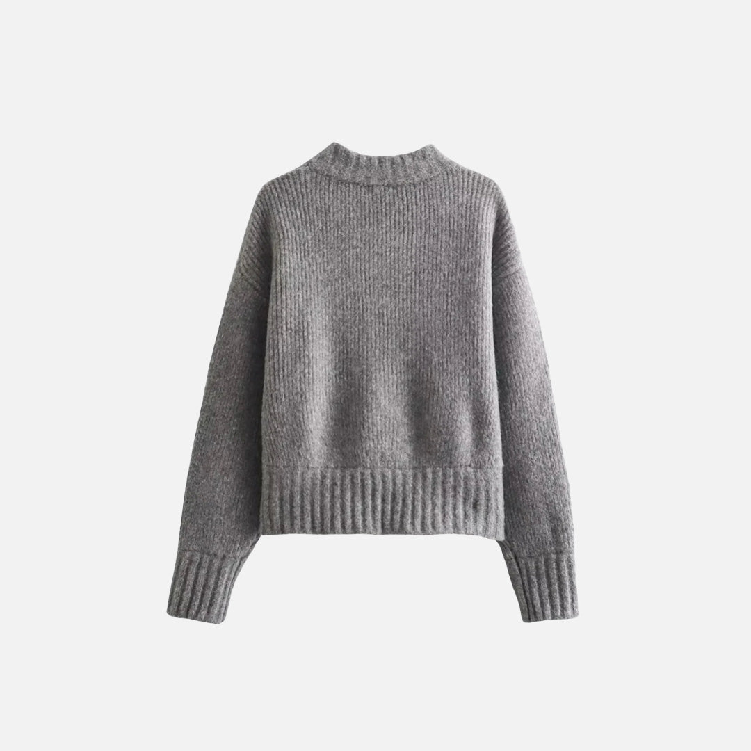 Back view of the grey Knitted Crew Neck Sweater in a gray background