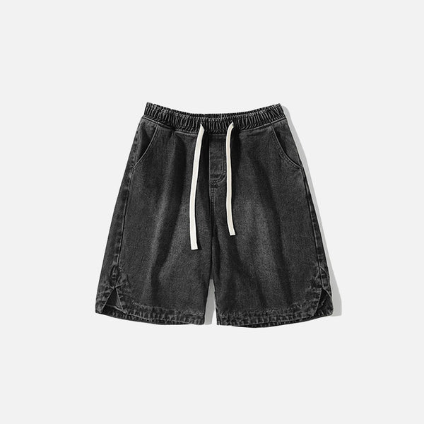 Front view of the black Casual Solid Sports Denim Shorts in a gray background