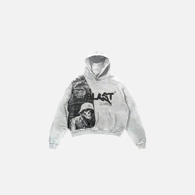 Front view of the grey Vintage Graphic Print Hoodie in a gray background