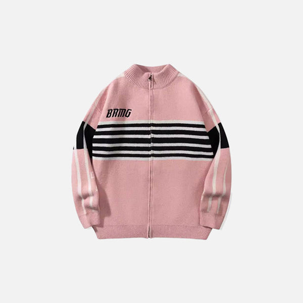 Front view of the pink Striped Zip-Up Sweater in a grag background