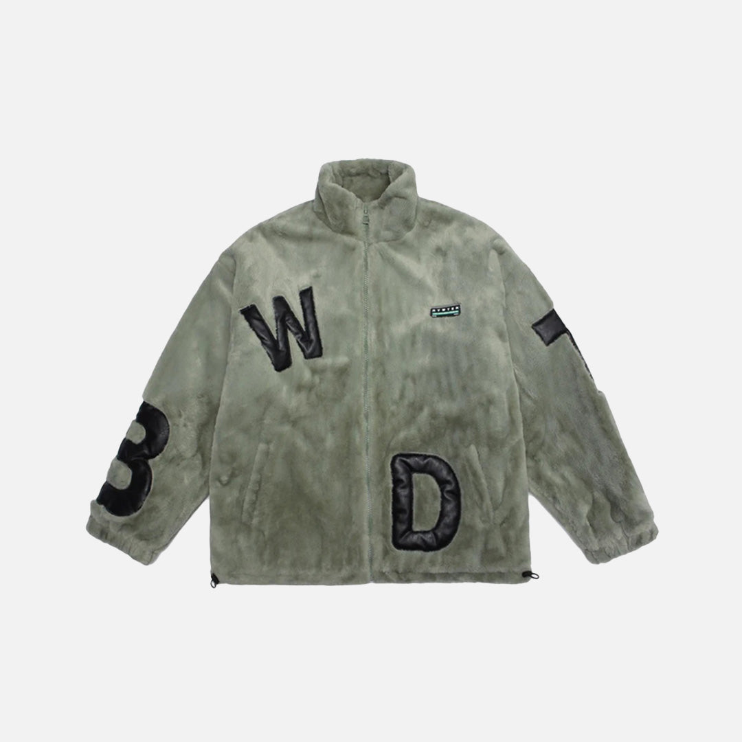 Front view of the green Cozy Letter Patch Fleece Jacket in a gray background