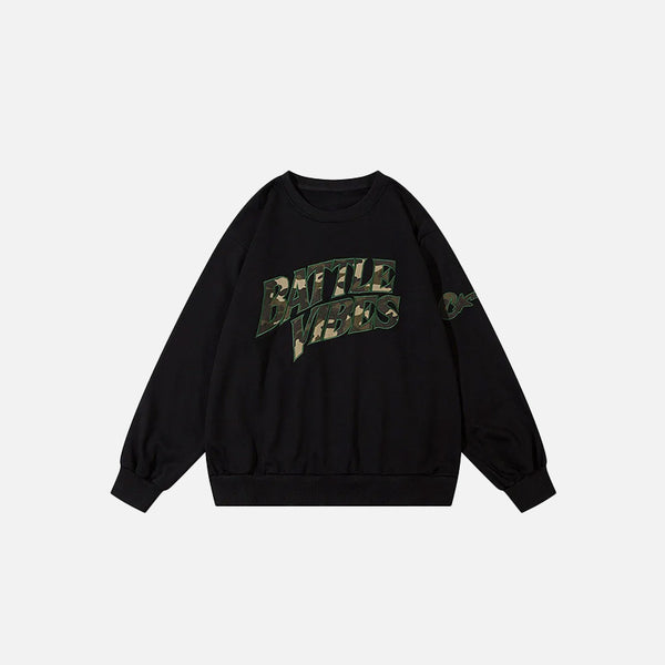 Front view of the black Battle Vibes Camo Sweatshirt in a gray background