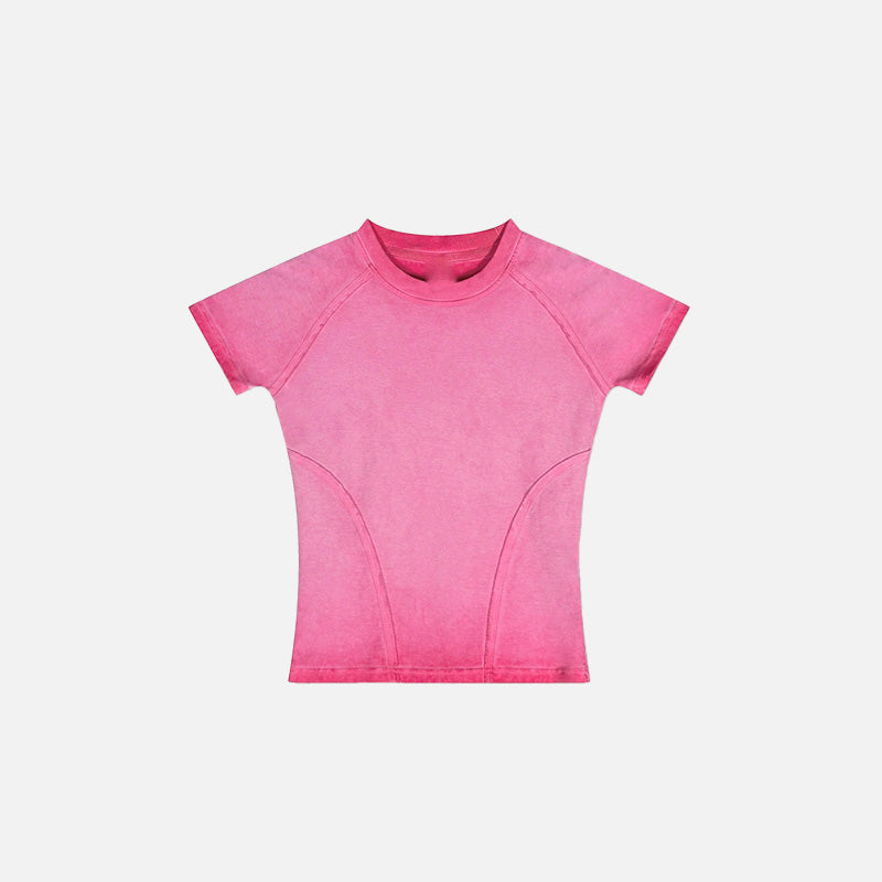 Front view of the pink Women's Retro Elastic T-Shirt in a gray background