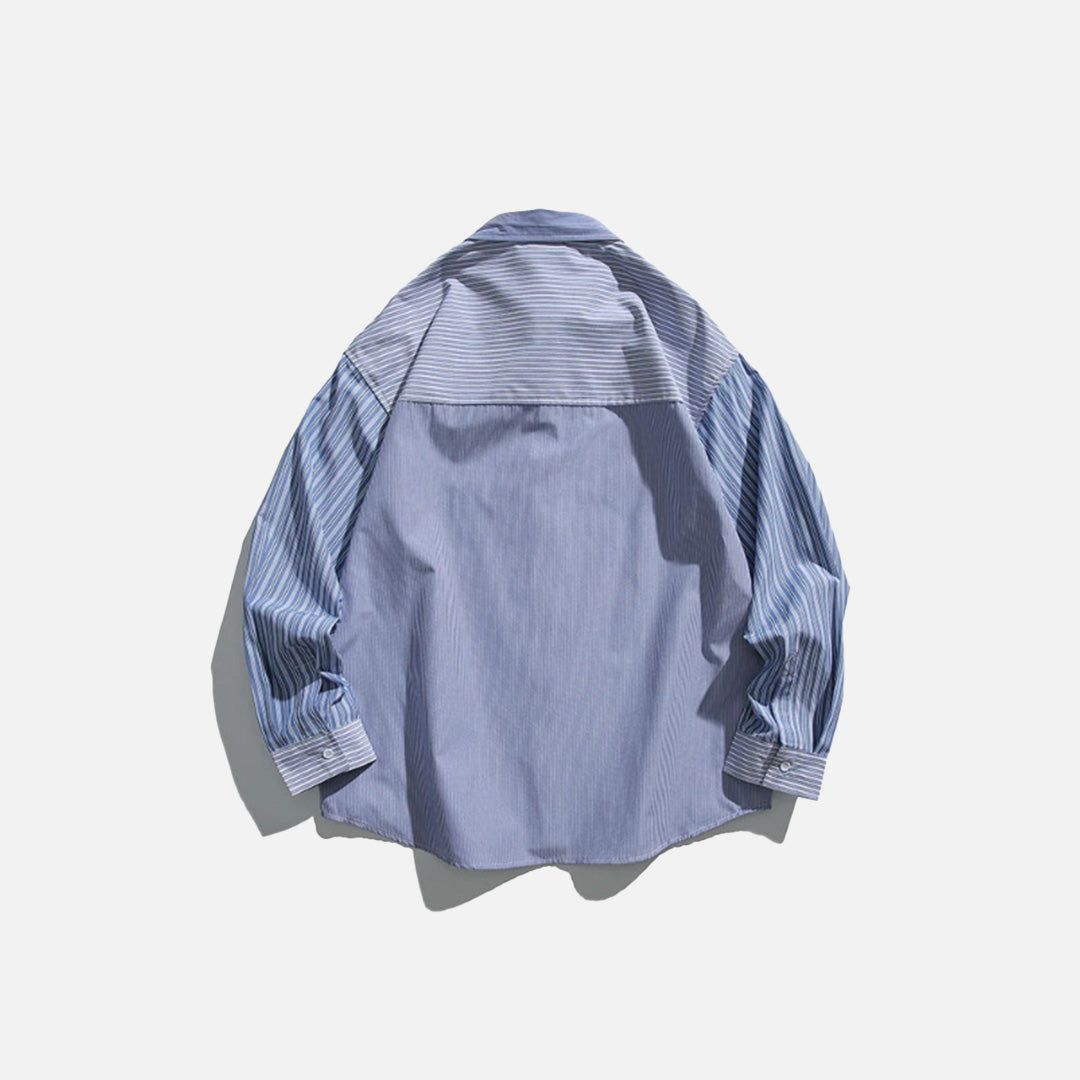 Back view of the blue Patchwork Oversized Shirt in a gray background