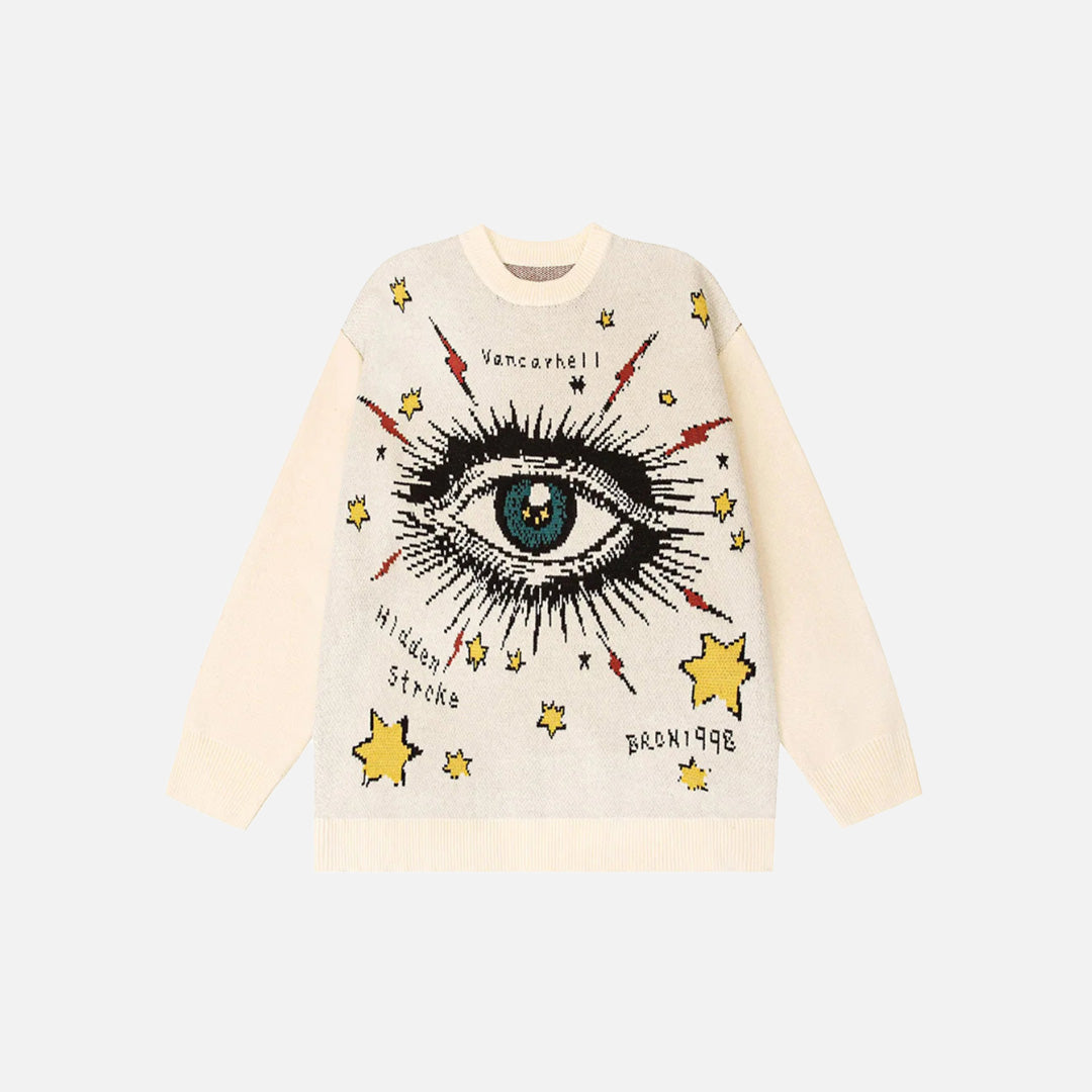 Front view of the beige Cosmic Eye Illumination Sweater in a gray background