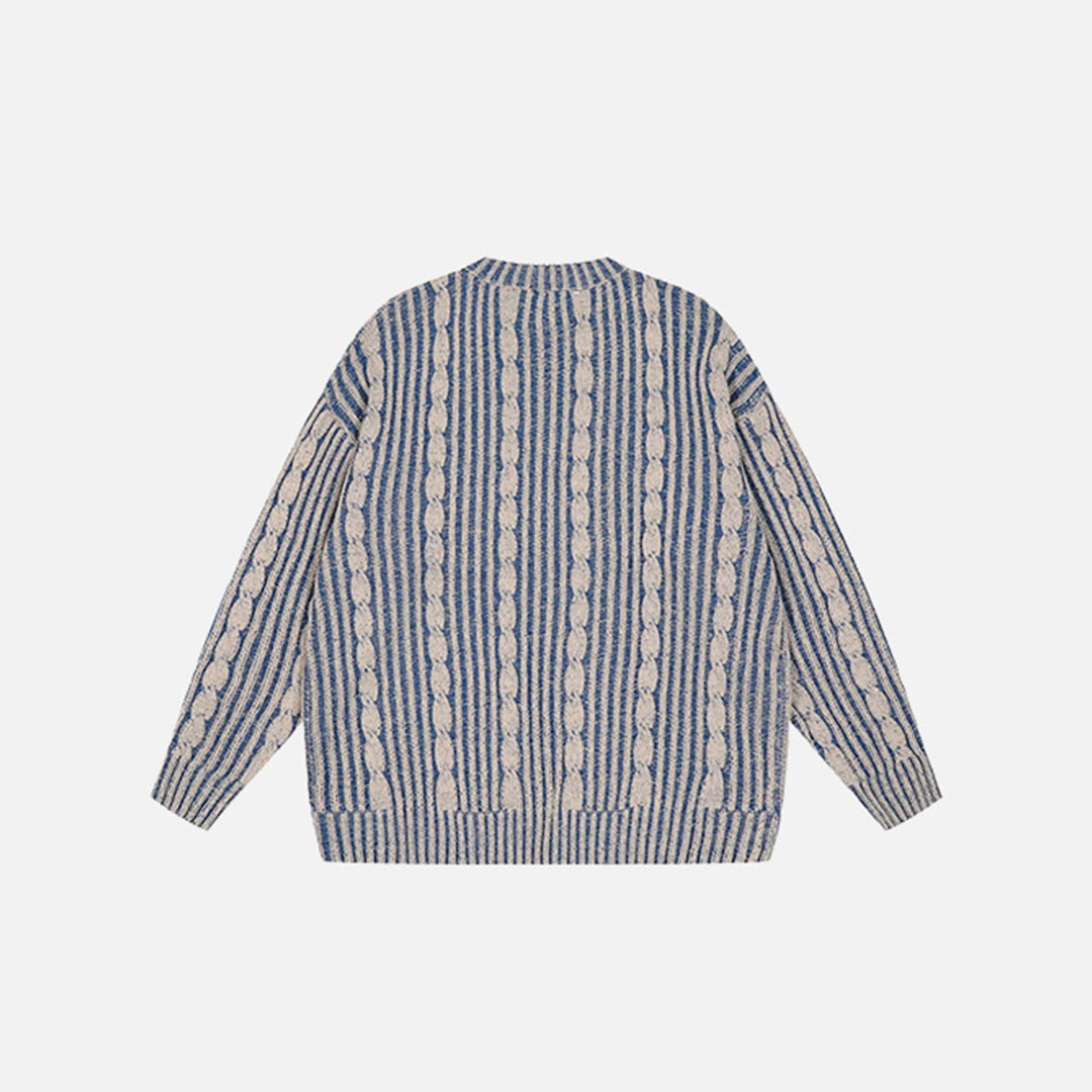 Back view of the blue Vintage Stripes Loose Sweater in a gray background