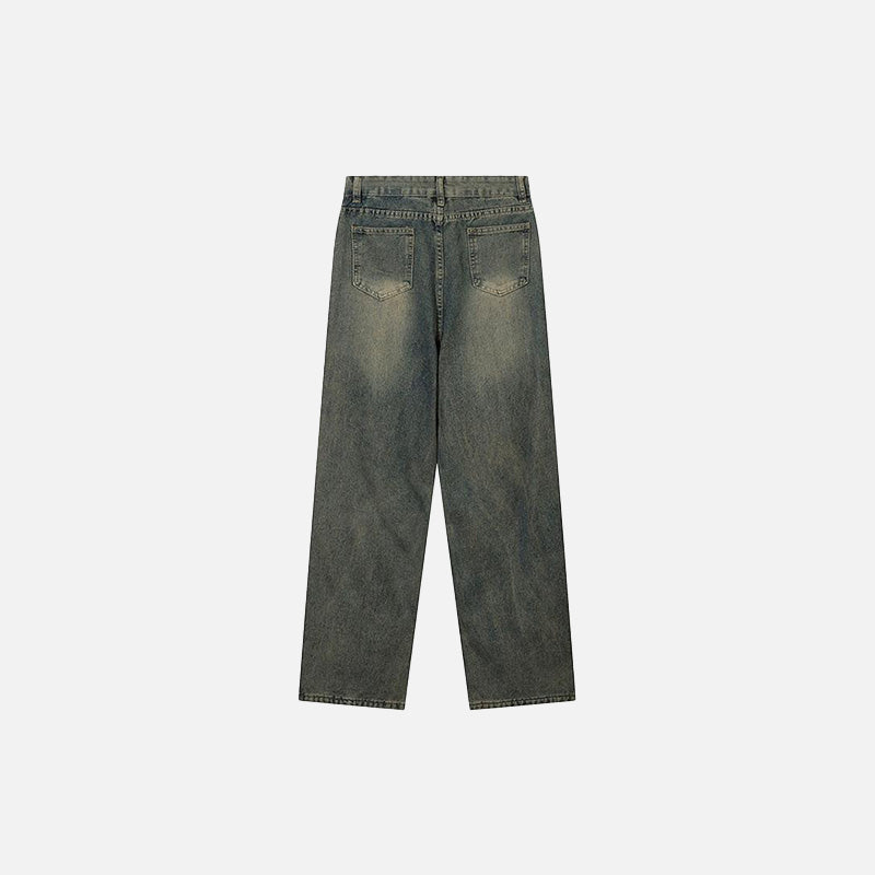 Back view of the Y2K High Street Denim Baggy Pants in a gray background 
